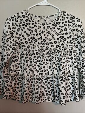 5 for $20! Girls White Leopard Print Ruffle Long-Sleeve Top